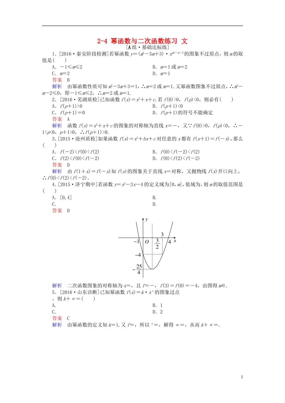 高考数学一轮复习 第二章 函数、导数及其应用 2-4 幂函数与二次函数练习 文-人教版高三全册数学试题_第1页