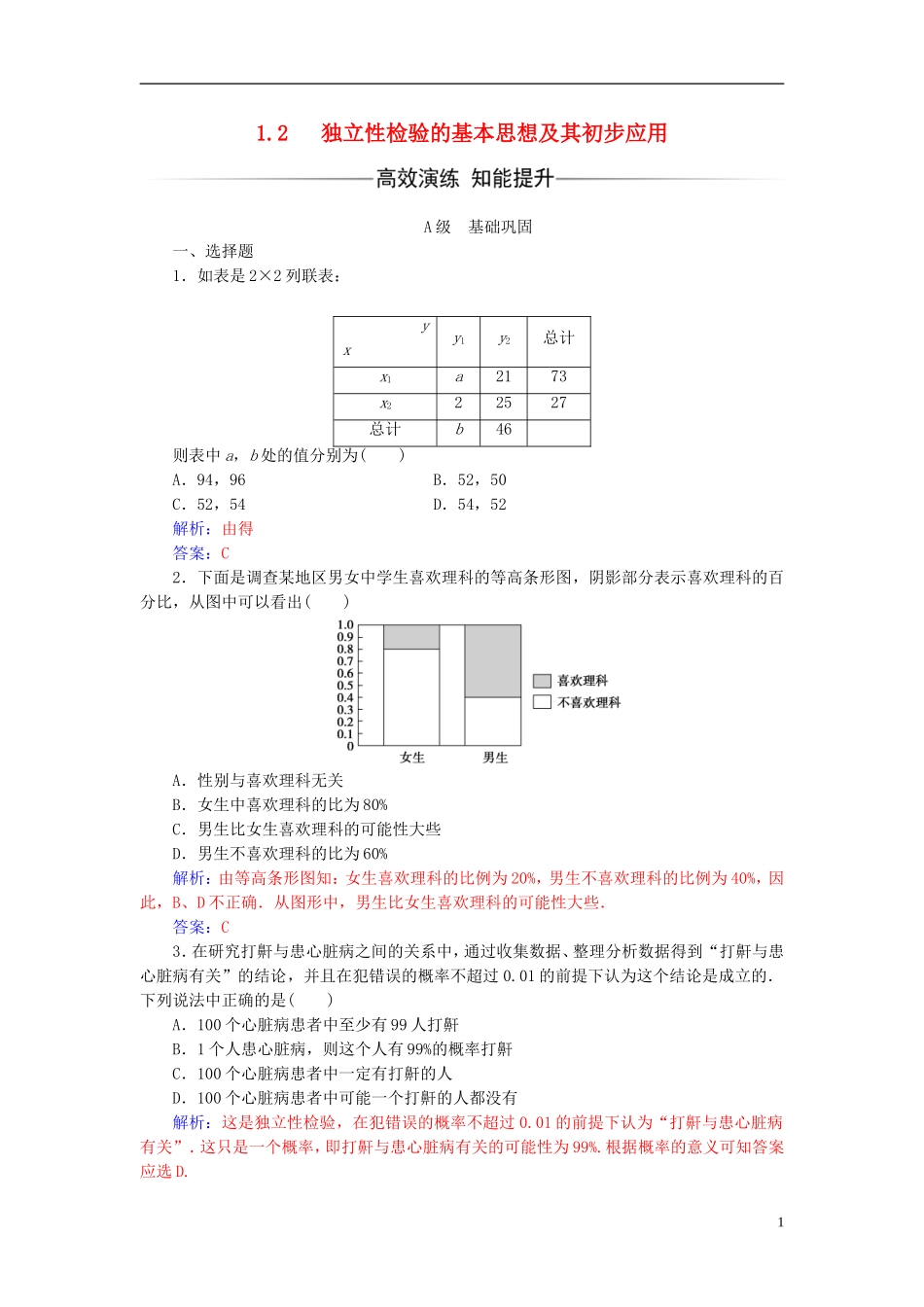 高中数学 第一章 统计案例 1.2 独立性检验的基本思想及其初步应用练习 新人教A版选修1-2-新人教A版高二选修1-2数学试题_第1页