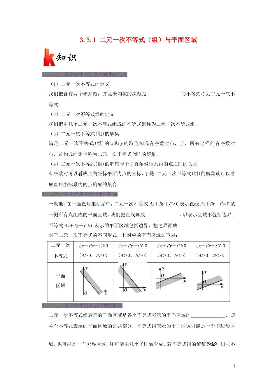 高中数学 第三章 不等式 专题3.3.1 二元一次不等式（组）与平面区域试题 新人教A版必修5-新人教A版高二必修5数学试题_第1页
