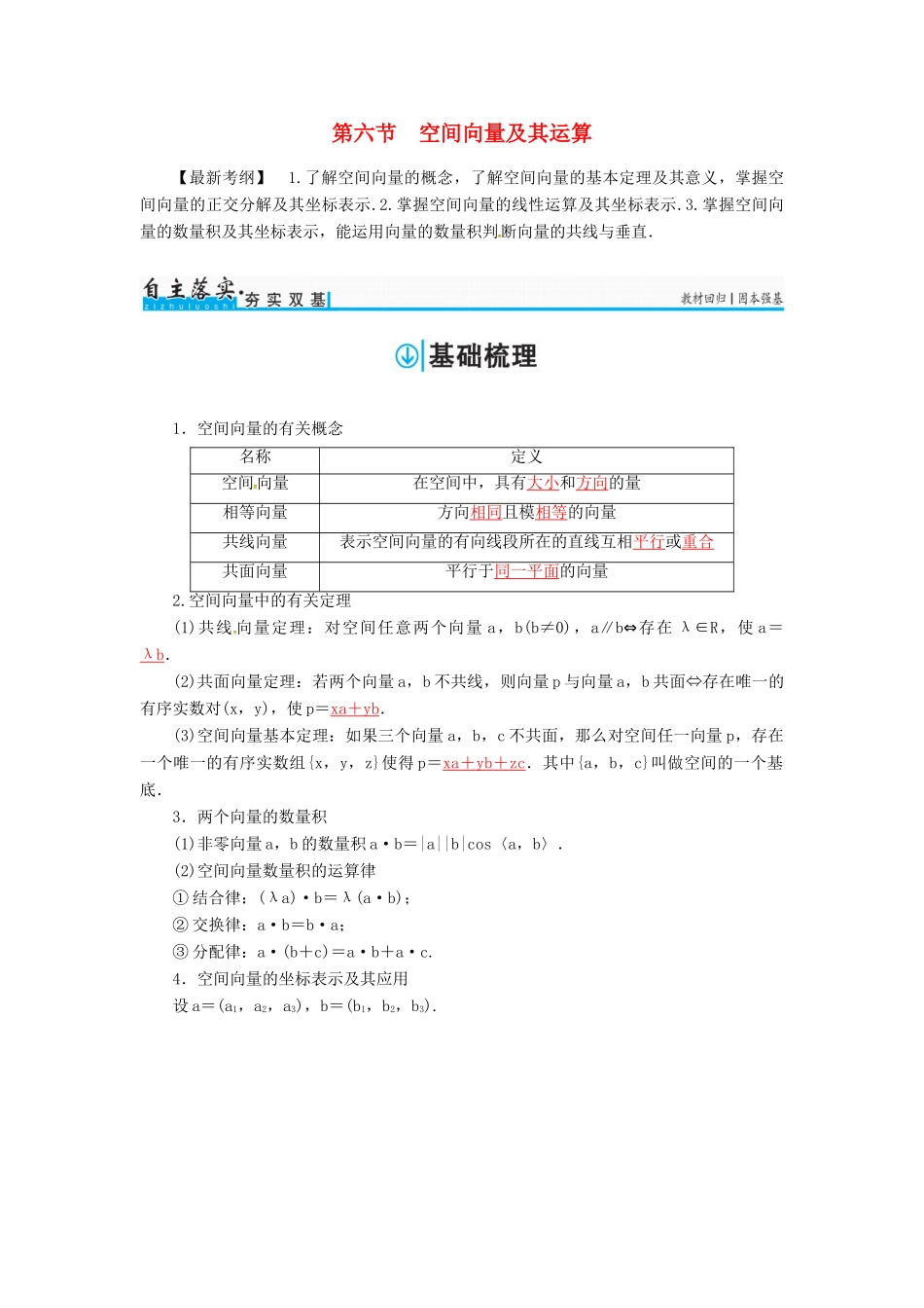 高考数学一轮总复习 第七章 立体几何 第六节 空间向量及其运算练习 理-人教版高三全册数学试题_第1页