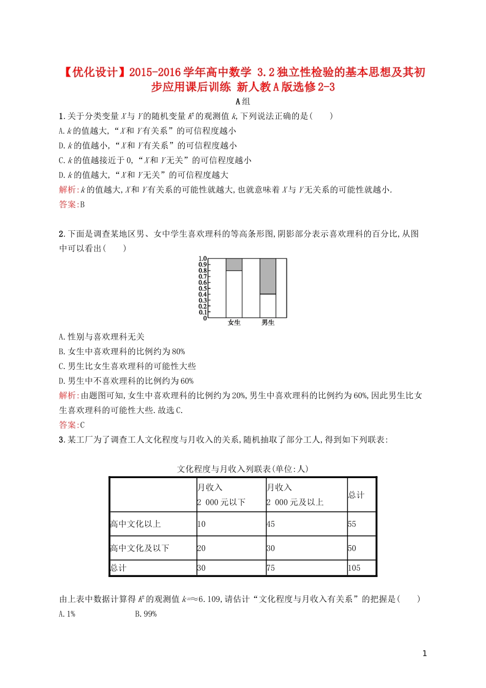 高中数学 3.2独立性检验的基本思想及其初步应用课后训练 新人教A版选修2-3-新人教A版高二选修2-3数学试题_第1页