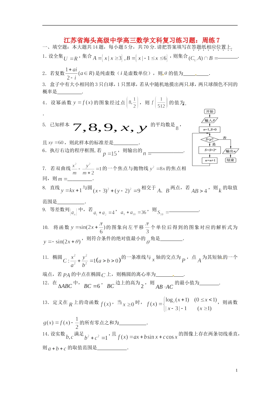 江苏省海头高级中学高三数学 复习练习题周练7 文_第1页