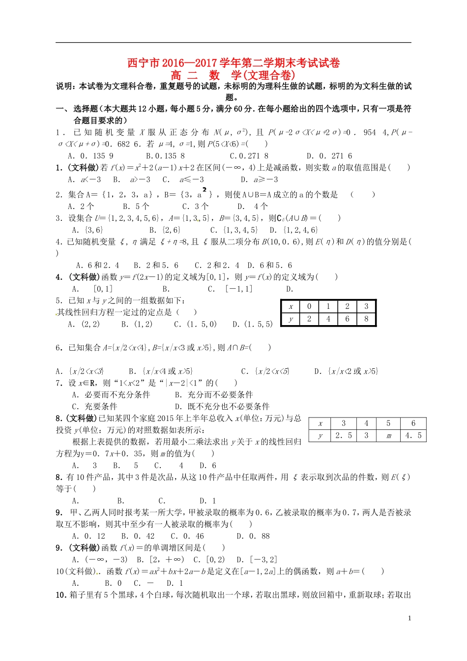 青海省西宁市高二数学下学期期末考试试题-人教版高二全册数学试题_第1页
