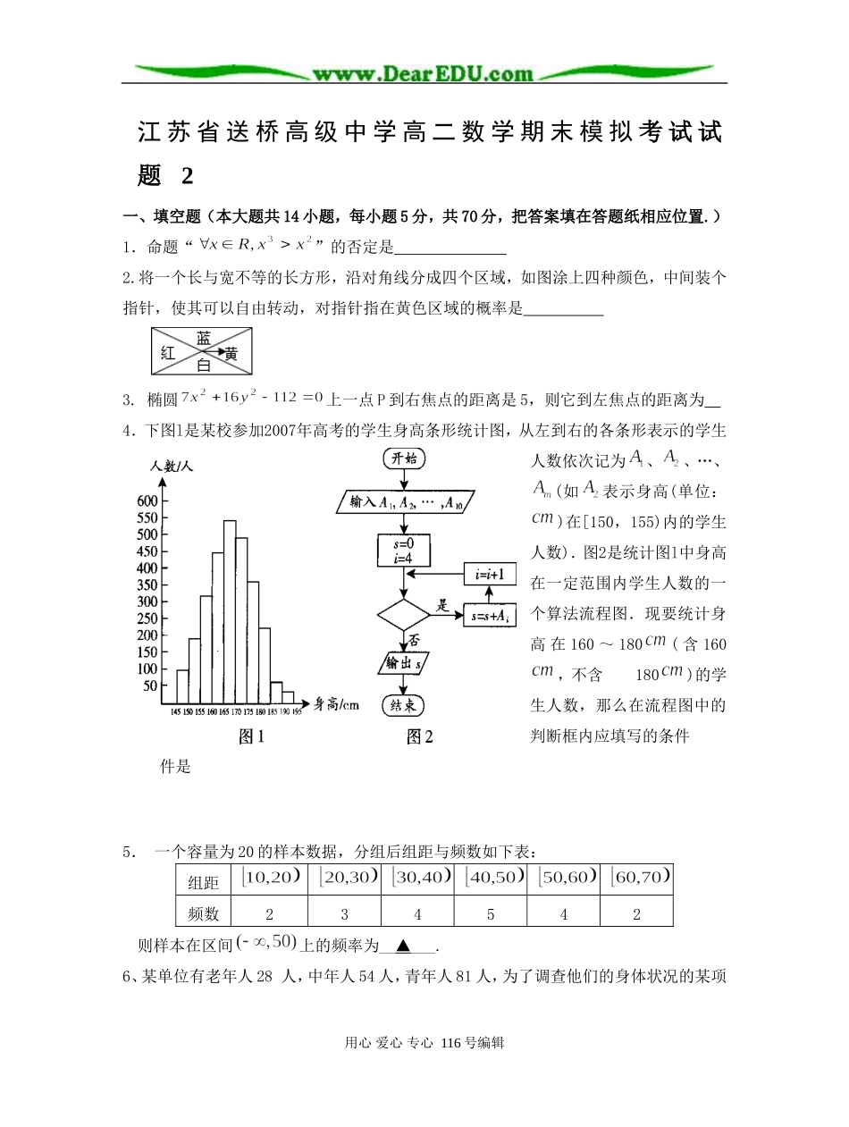 江苏省送桥高级中学高二数学期末模拟考试试题 2_第1页