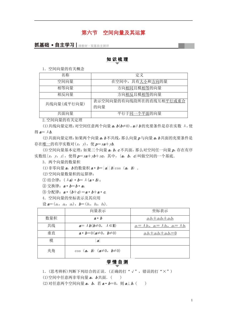 （浙江专版）高考数学一轮复习 第7章 立体几何 第6节 空间向量及其运算教师用书-人教版高三全册数学试题_第1页