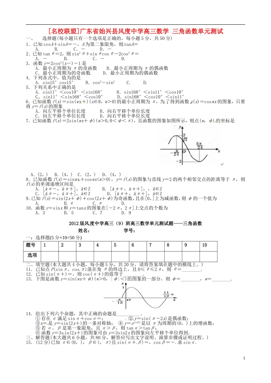 广东省始兴县风度中学高三数学 三角函数单元测试_第1页