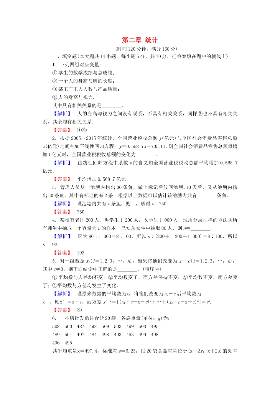 高中数学 第二章 统计章末综合测评 苏教版必修3-苏教版高一必修3数学试题_第1页