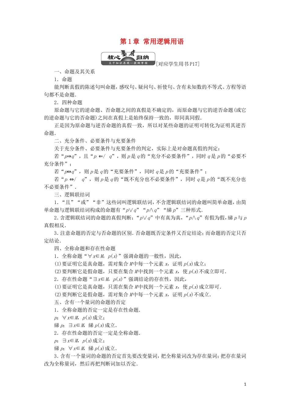 高中数学 第1部分 第1章 常用逻辑用语 章末小结 知识整合与阶段检测（含解析）苏教版选修2-1-苏教版高二选修2-1数学试题_第1页