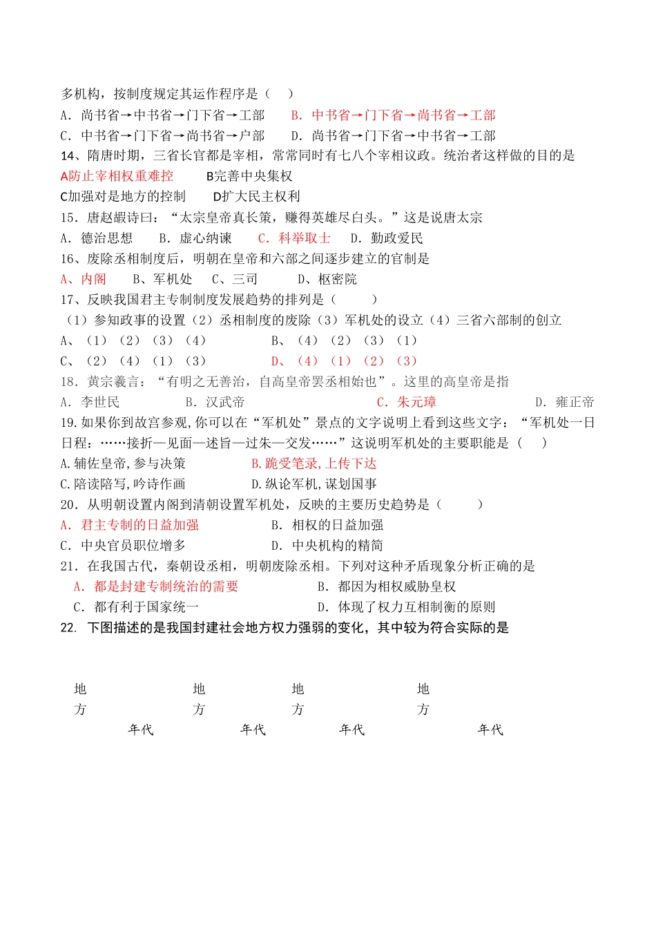高一历史 第一单元《古代中国的政治制度》单元测试（5）人教版_第2页