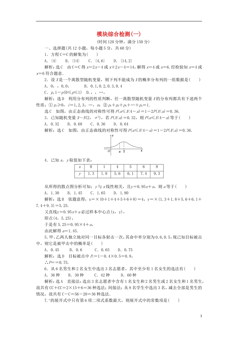 高中数学 模块综合检测（一）（含解析）新人教A版选修2-3-新人教A版高二选修2-3数学试题_第1页