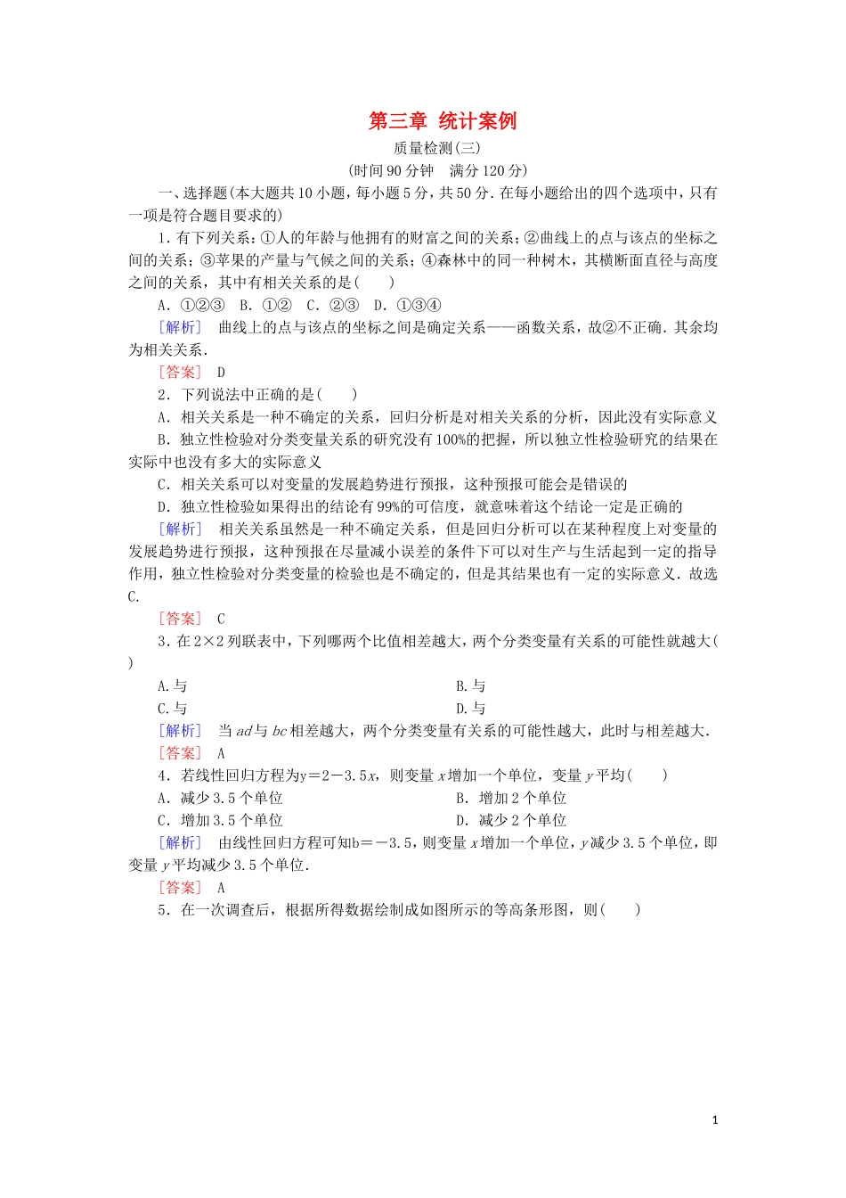 高中数学 第三章 统计案例质量检测 新人教A版选修2-3-新人教A版高二选修2-3数学试题_第1页
