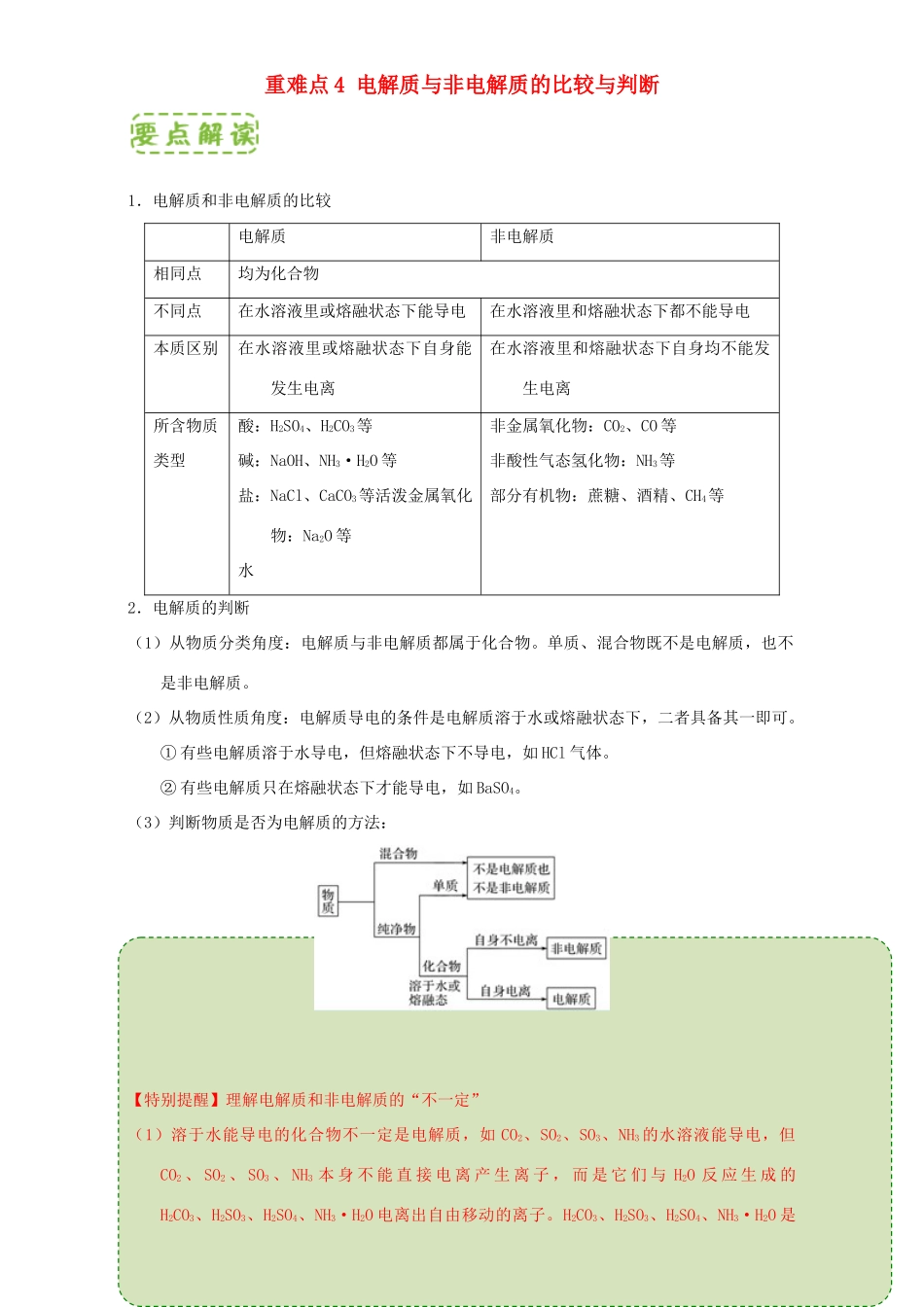 高中化学 第二章 物质变化及其分类 重难点4 电解质与非电解质的比较与判断（含解析）新人教版必修1-新人教版高一必修1化学试题_第1页
