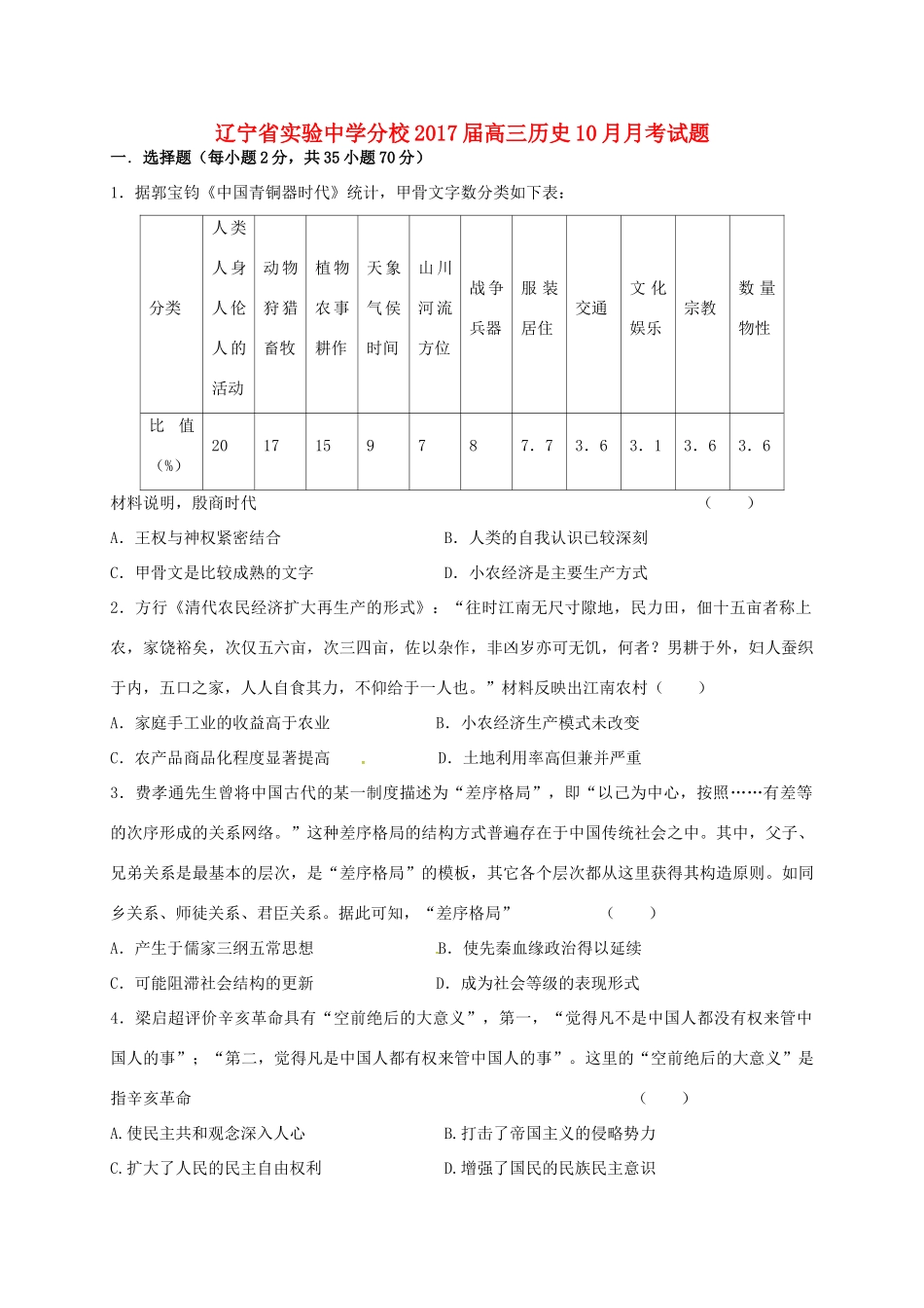 分校高三历史10月月考试题-人教版高三全册历史试题_第1页
