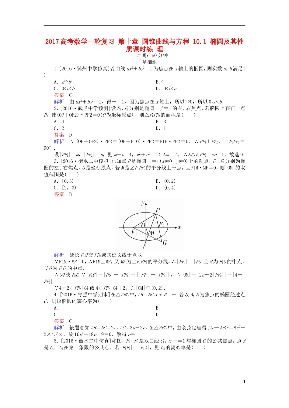 高考数学一轮复习 第十章 圆锥曲线与方程 10.1 椭圆及其性质课时练 理-人教版高三全册数学试题_第1页