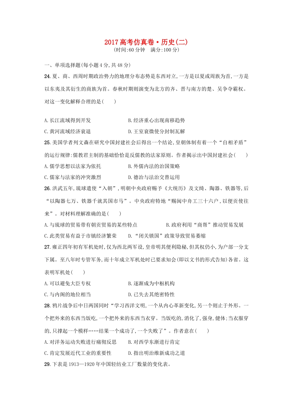 高考历史仿真卷（二）-人教版高三全册历史试题_第1页