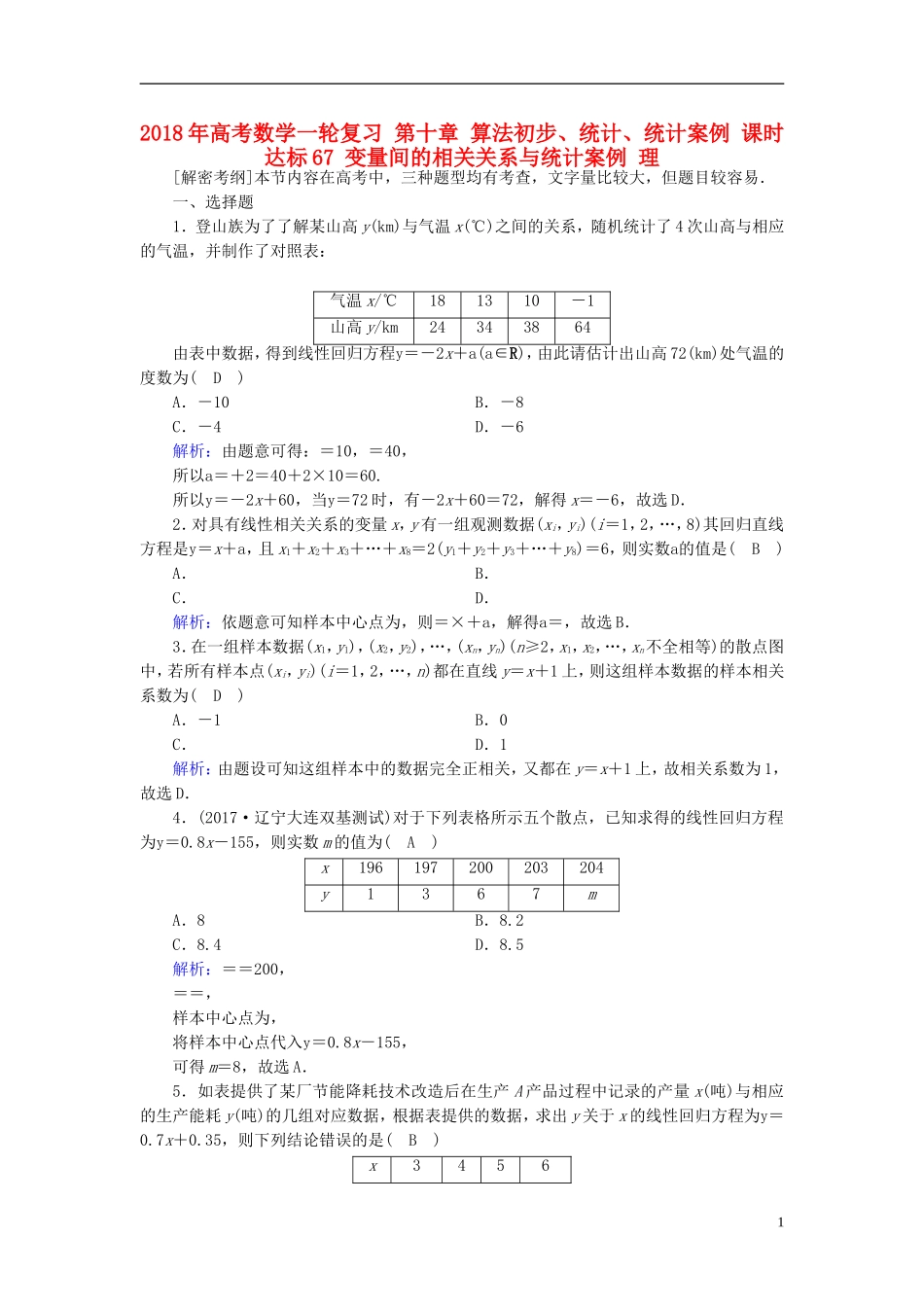高考数学一轮复习 第十章 算法初步、统计、统计案例 课时达标67 变量间的相关关系与统计案例 理-人教版高三全册数学试题_第1页