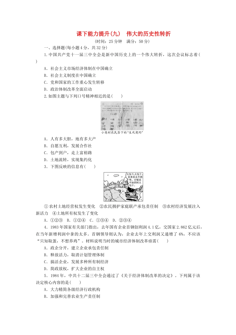 高中历史 课下能力提升（九）伟大的历史性转折（含解析）人民版必修2-人民版高一必修2历史试题_第1页