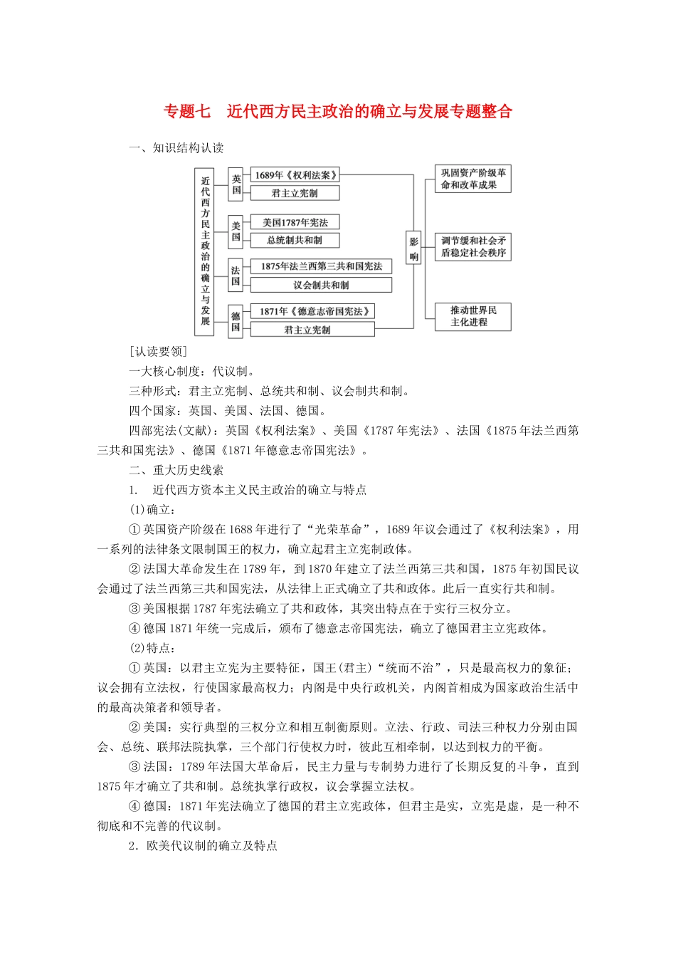高中历史 专题七 近代西方民主政治的确立与发展专题整合练习（含解析）人民版必修1-人民版高一必修1历史试题_第1页