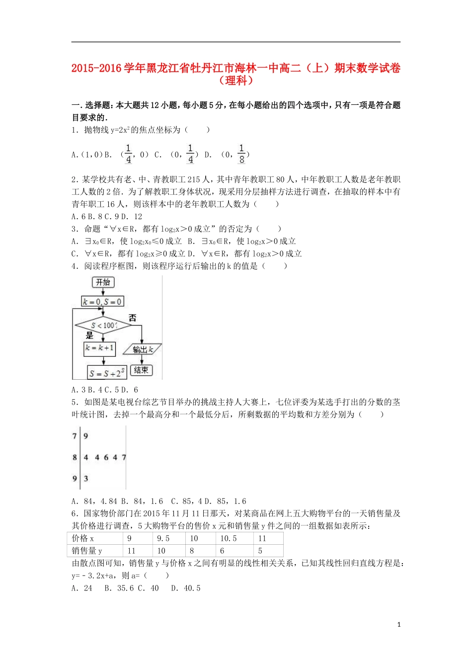 黑龙江省牡丹江市海林一中高二数学上学期期末试卷 理（含解析）-人教版高二全册数学试题_第1页