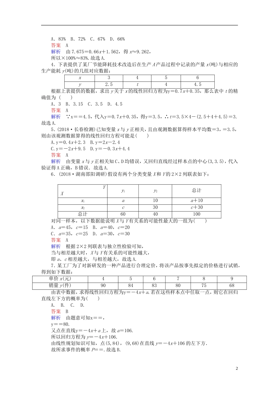高考数学一轮复习 第9章 统计与统计案例 9.3 变量间的相关关系与统计案例课后作业 文-人教版高三全册数学试题_第2页