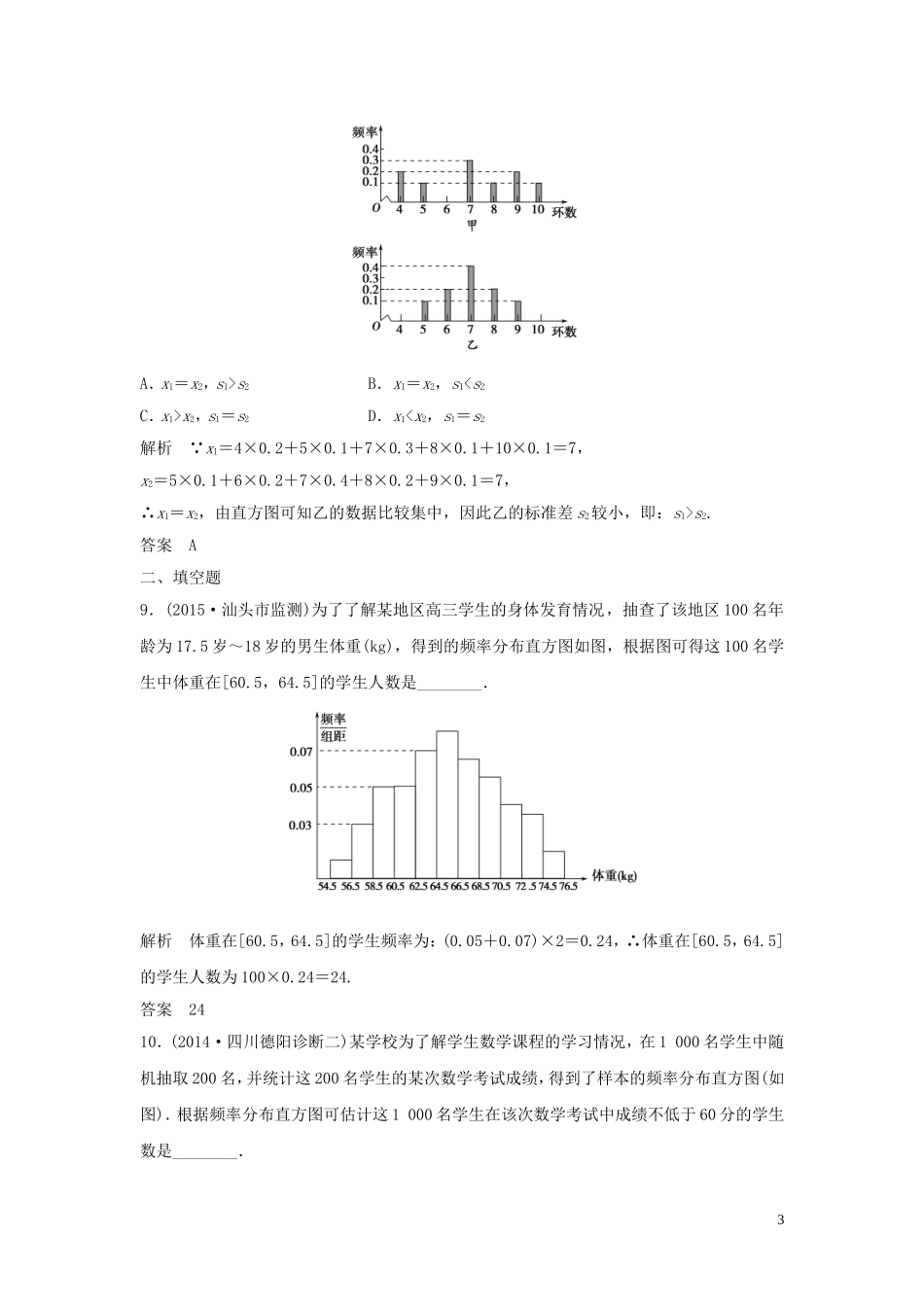 （三年模拟一年创新）高考数学复习 第十章 第三节 随机抽样、用样本估计总体 文（全国通用）-人教版高三全册数学试题_第3页