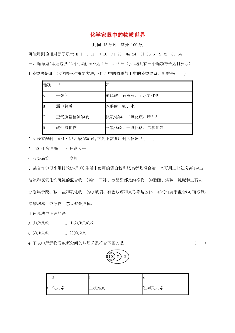 浙江省高考化学一轮复习 专题1 化学家眼中的物质世界过关检测 苏教版-苏教版高三全册化学试题_第1页