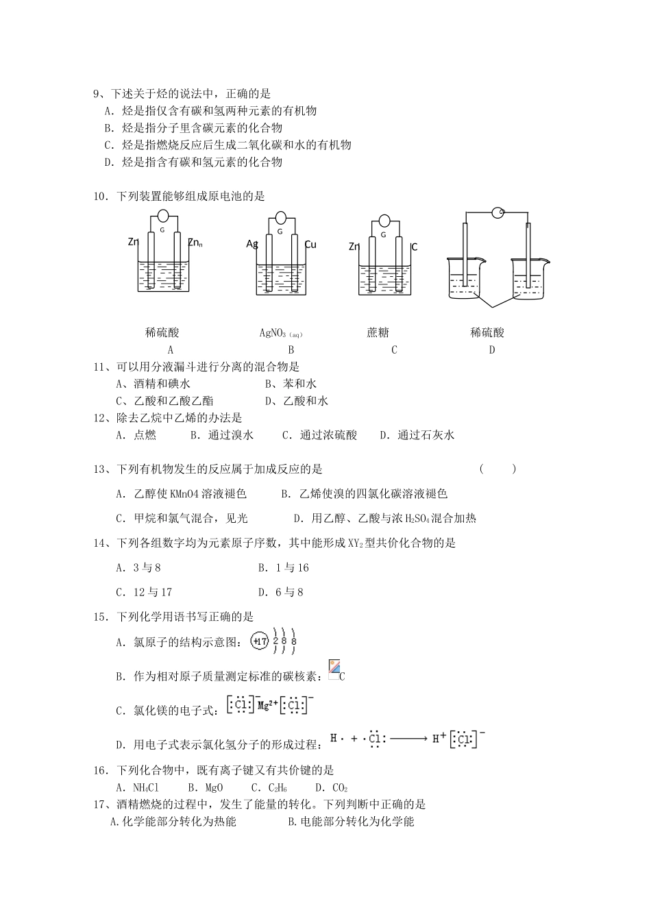 吉林省长春外国语学校10-11学年高一化学下学期期末考试 文_第2页
