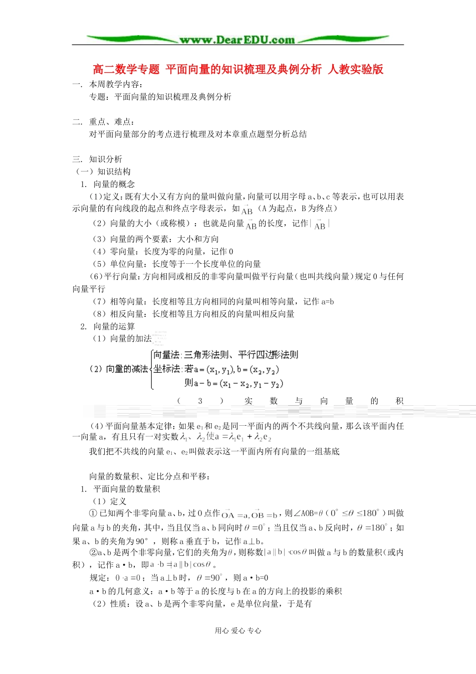 高二数学专题 平面向量的知识梳理及典例分析 人教实验版_第1页
