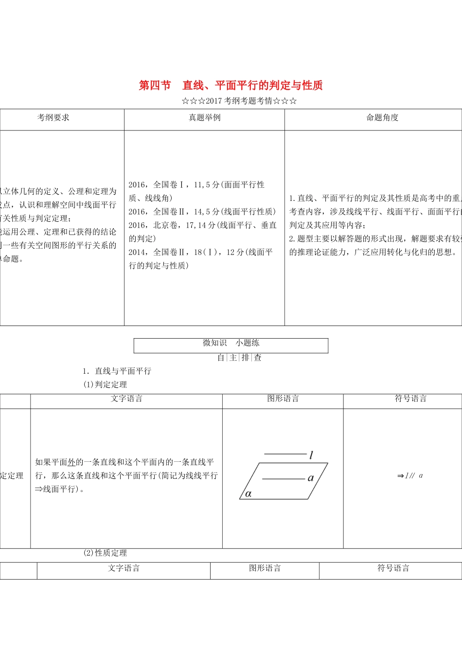 高考数学大一轮复习 第七章 立体几何 第四节 直线、平面平行的判定与性质教师用书 理-人教版高三全册数学试题_第1页