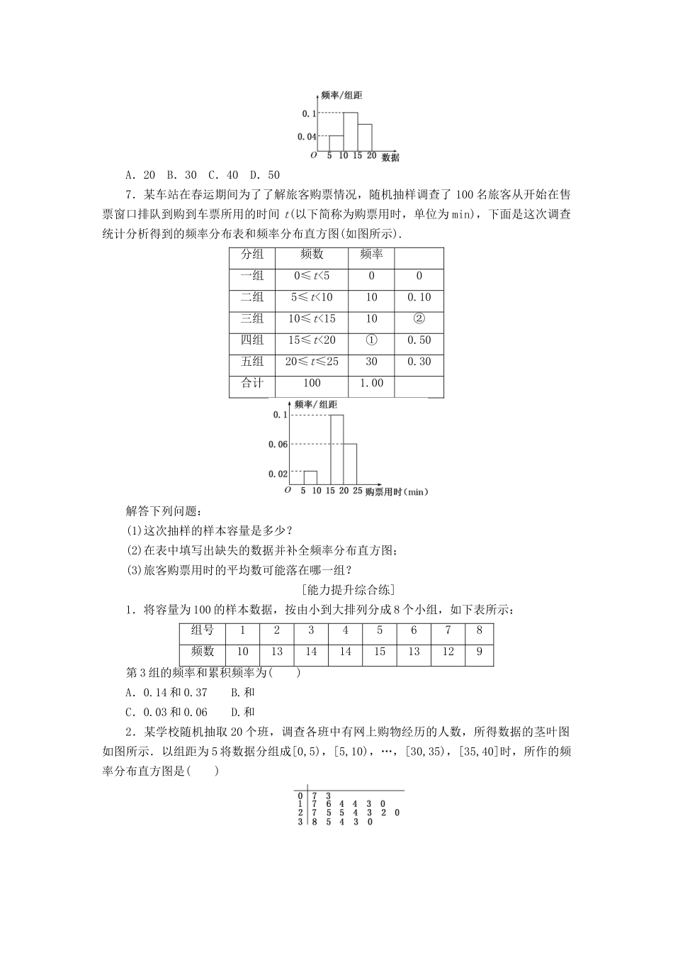 高中数学 课下能力提升（十二）用样本的频率分布估计总体分布 新人教A版必修3-新人教A版高一必修3数学试题_第2页