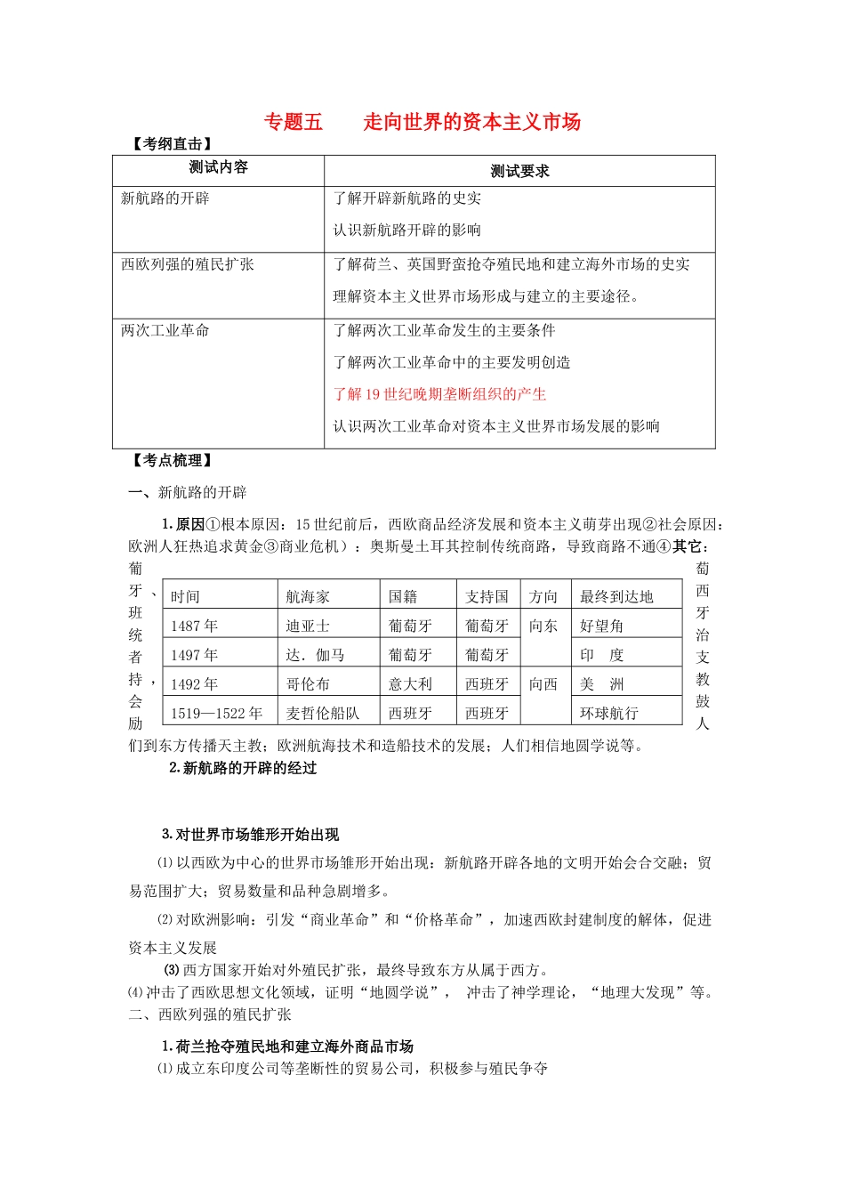 高中历史 专题五 走向世界的资本主义市场同步测试 人民版必修2-人民版高一必修2历史试题_第1页