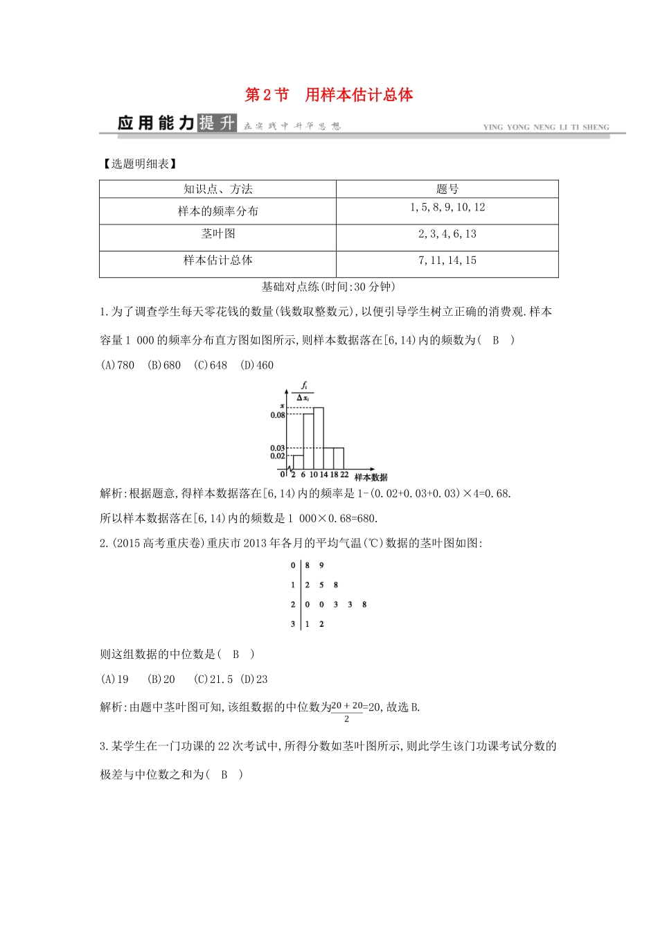 高考数学一轮复习 必考部分 第九篇 统计与统计案例 第2节 用样本估计总体应用能力提升 文 北师大版-北师大版高三全册数学试题_第1页