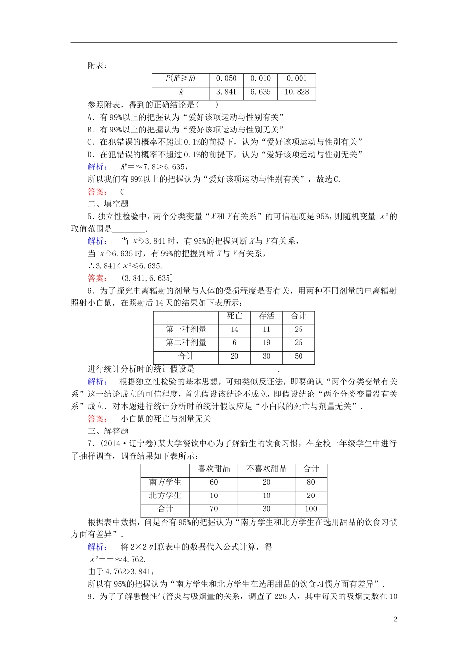 高中数学 第一章 统计案例 2 独立性检验 2.2 独立性检验 2.3 独立性检验的基本思想 2.4 独立性检验的应用课后演练提升 北师大版选修1-2-北师大版高二选修1-2数学试题_第2页