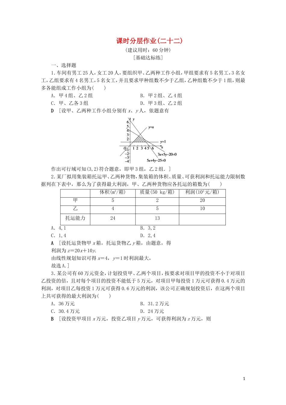 高中数学 课时分层作业22 简单线性规划的应用（含解析）北师大版必修5-北师大版高二必修5数学试题_第1页