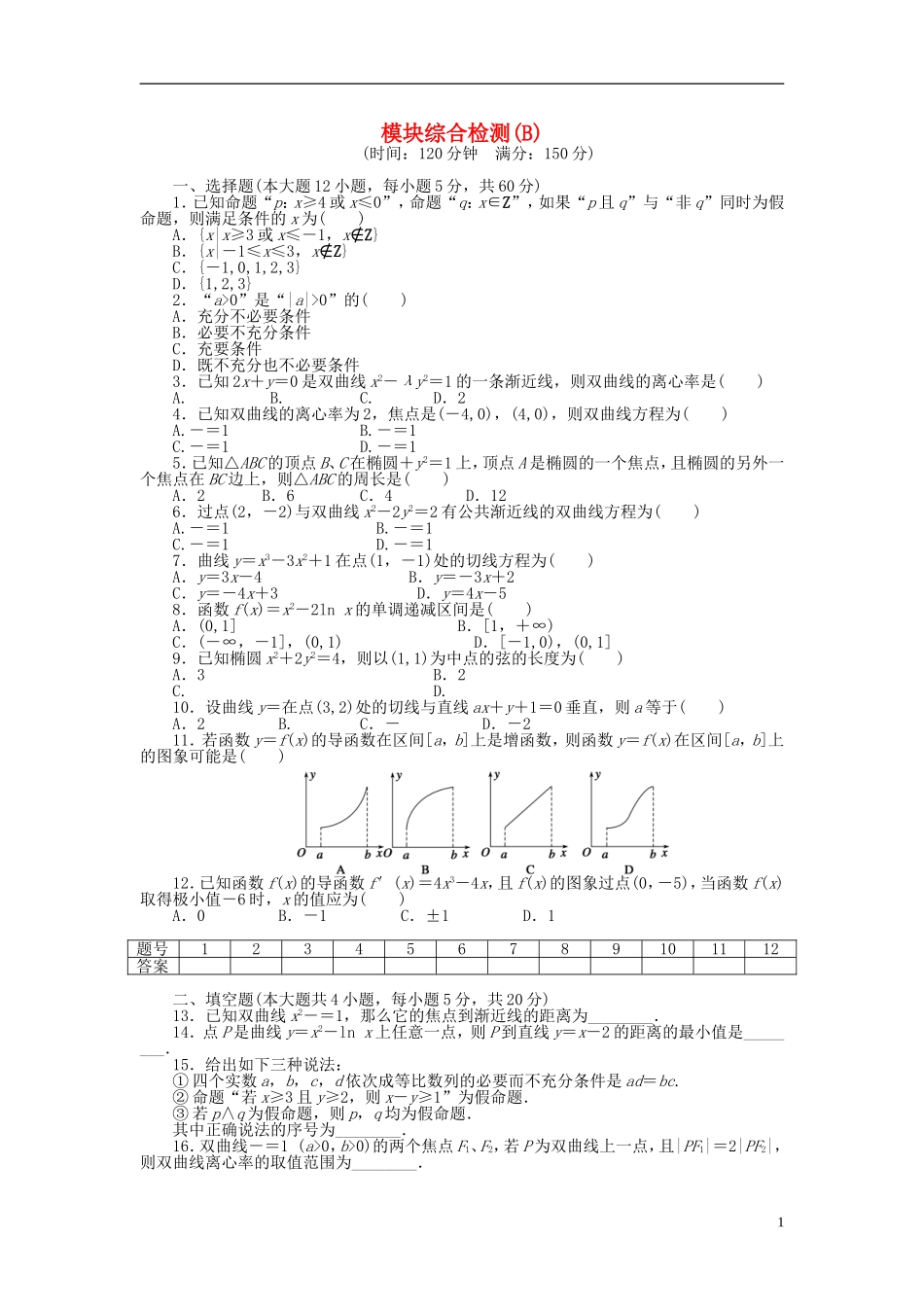 高中数学 模块综合检测（B）新人教A版选修1-1-新人教A版高二选修1-1数学试题_第1页
