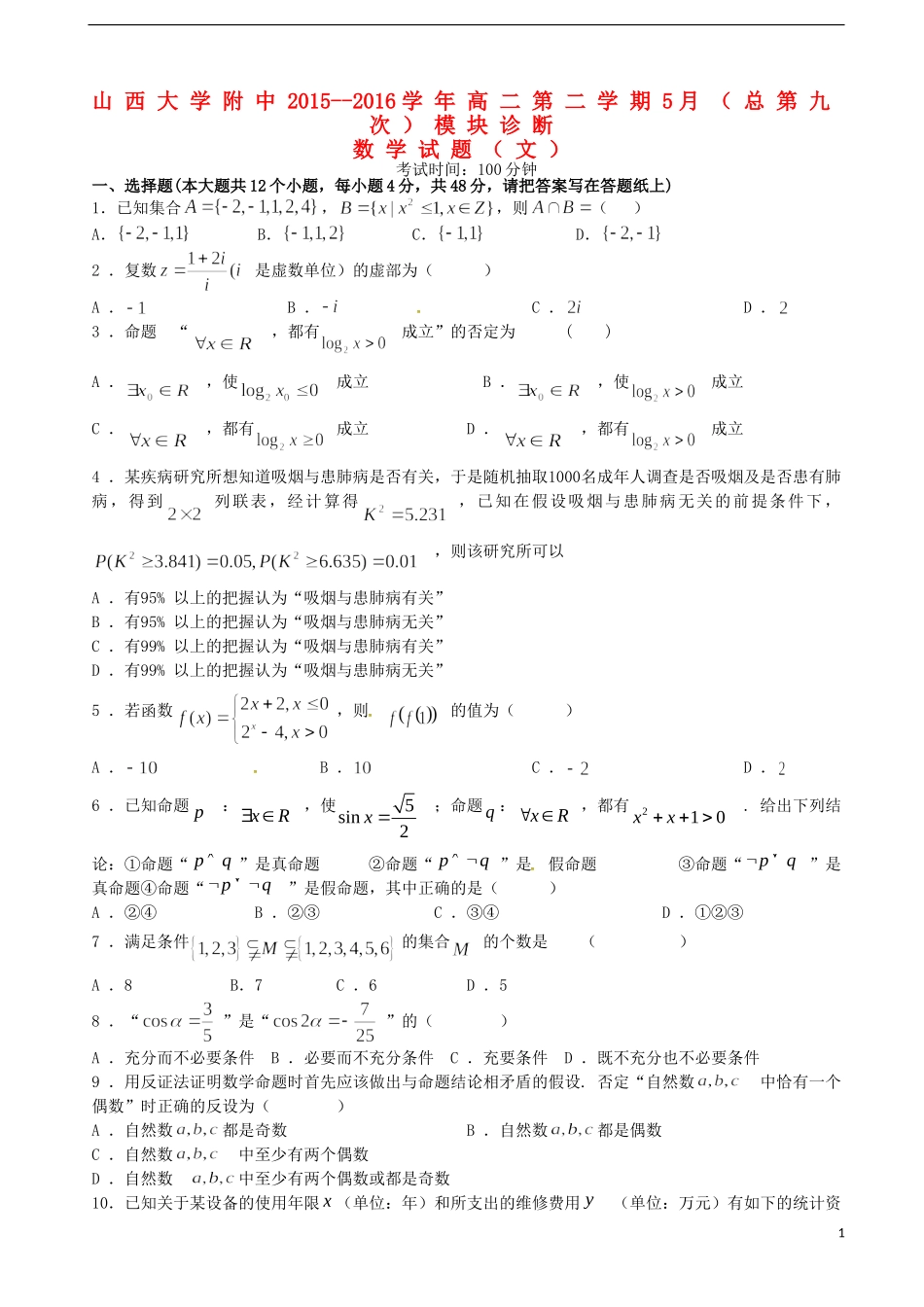 高二数学5月模块诊断考试试题 文-人教版高二全册数学试题_第1页