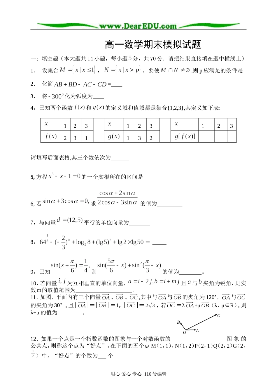 苏教版必修1 高一数学期末模拟试题_第1页