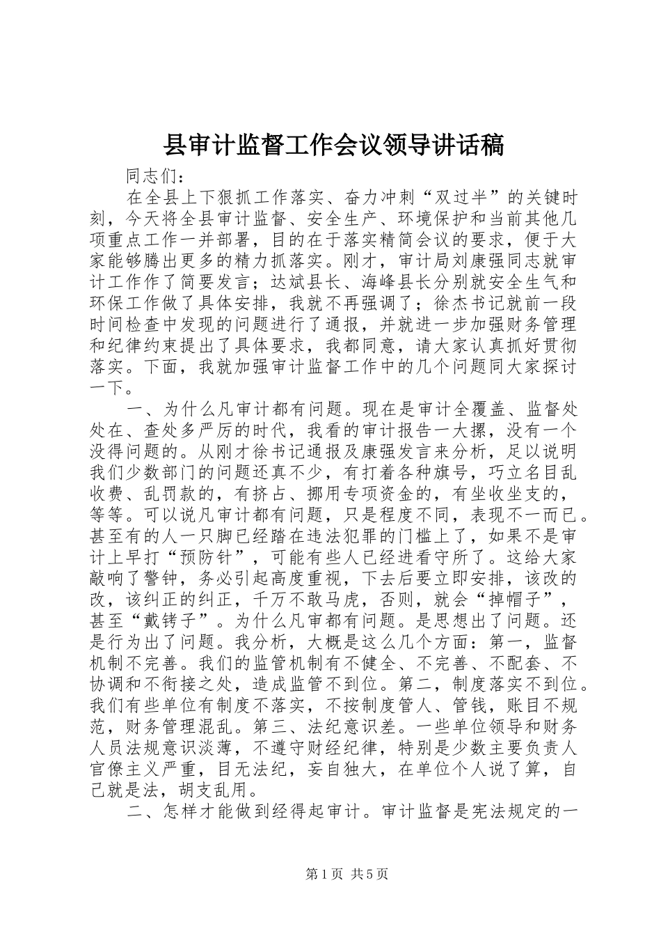 县审计监督工作会议领导讲话发言稿_第1页