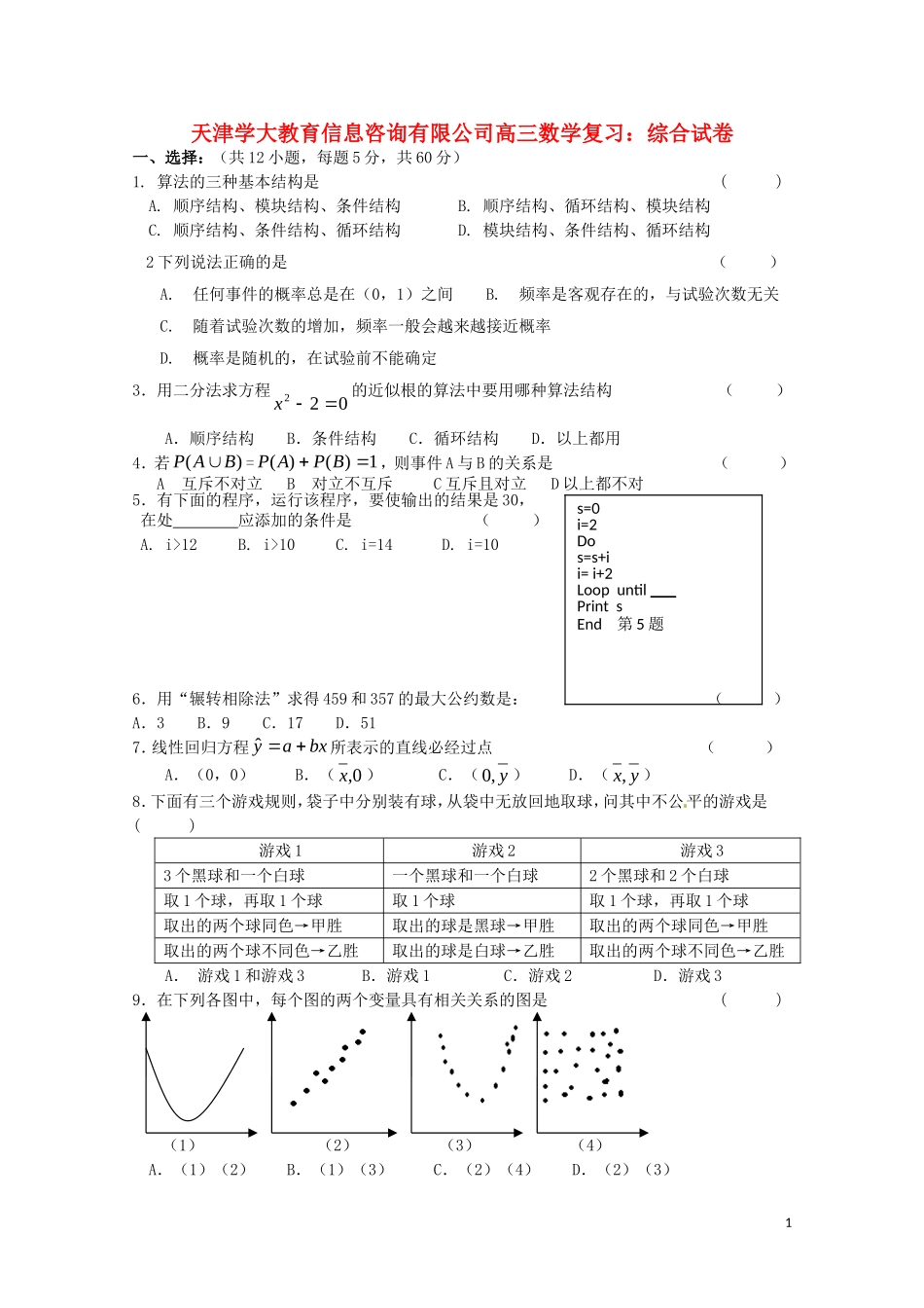 天津学大教育信息咨询有限公司高三数学 综合试卷复习_第1页