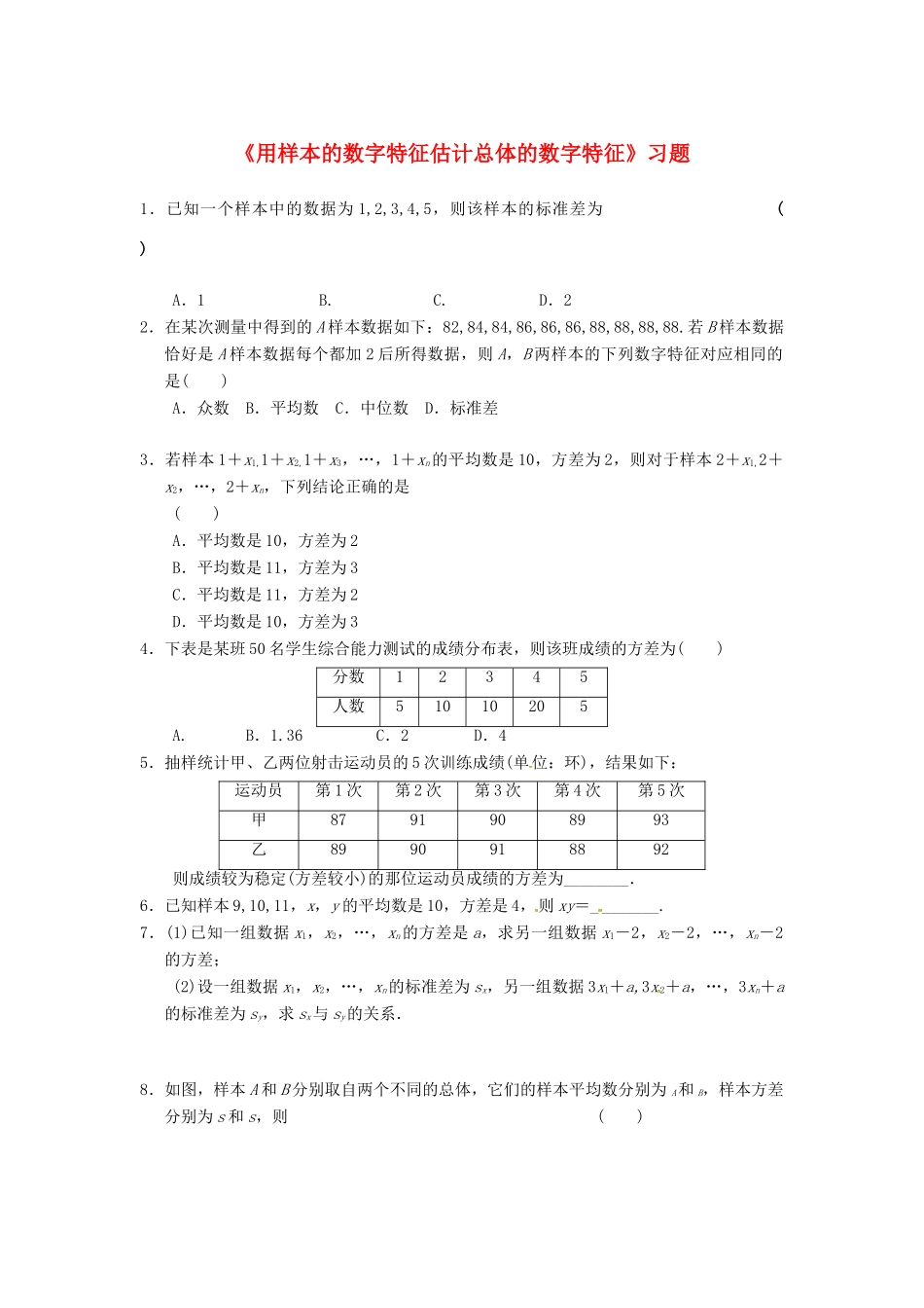 高中数学 第二章 统计 2.2 用样本的数字特征估计总体的数字特征习题 新人教B版必修3-新人教B版高一必修3数学试题_第1页