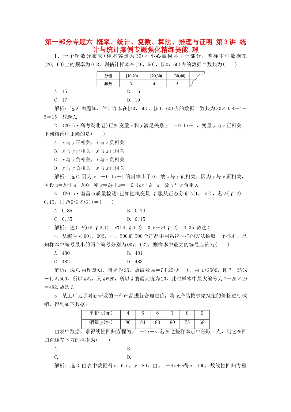 优化方案（山东专用）高考数学二轮复习 第一部分专题六 概率、统计、复数、算法、推理与证明 第3讲 统计与统计案例专题强化精练提能 理-人教版高三全册数学试题_第1页