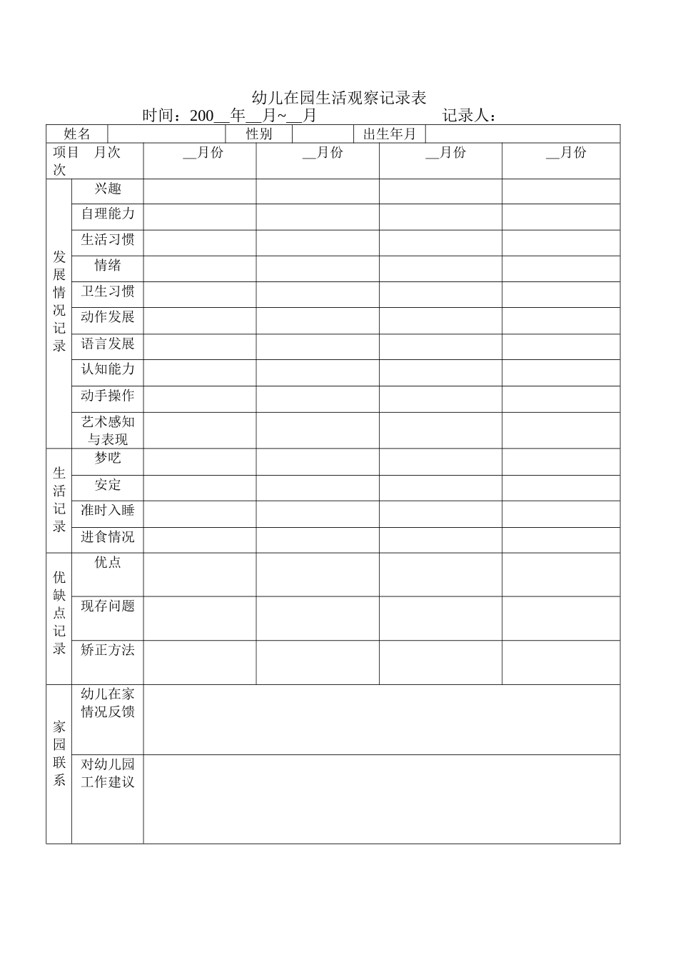 幼儿在园生活观察记录表_第1页