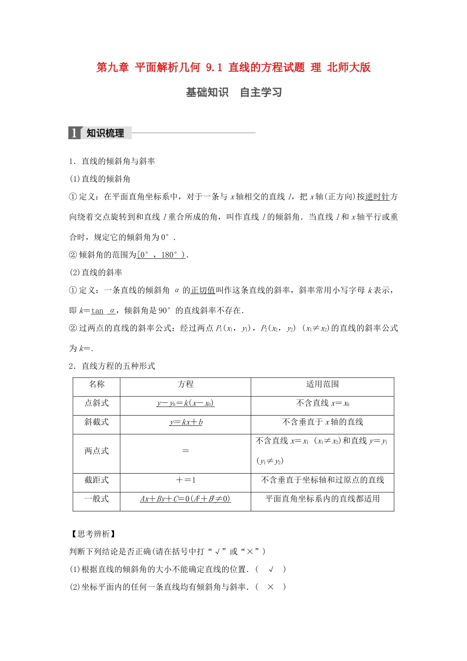 高考数学大一轮复习 第九章 平面解析几何 9.1 直线的方程试题 理 北师大版-北师大版高三全册数学试题_第1页