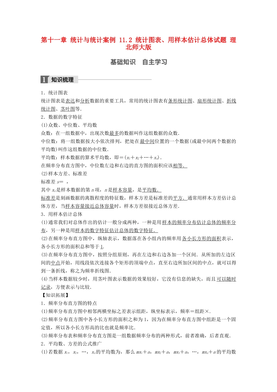 高考数学大一轮复习 第十一章 统计与统计案例 11.2 统计图表、用样本估计总体试题 理 北师大版-北师大版高三全册数学试题_第1页