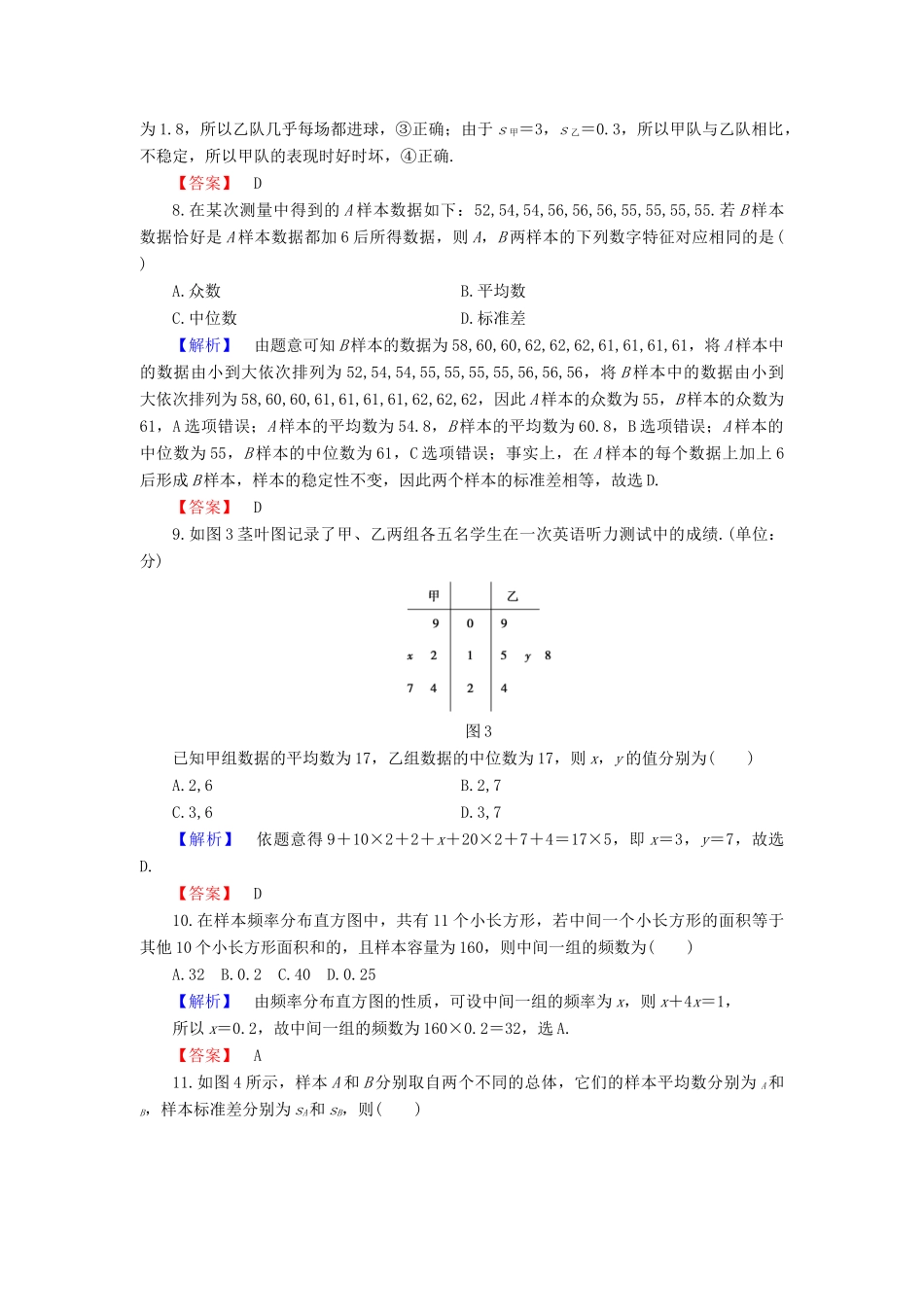 高中数学 第二章 统计章末综合测评 新人教B版必修3-新人教B版高一必修3数学试题_第3页