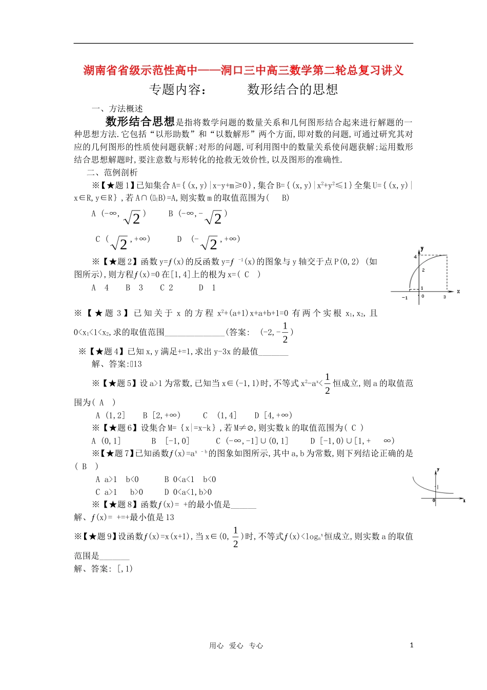 湖南省省级示范性高中—洞口三中高三数学第二轮总复习讲义：数形结合的思想 新人教版_第1页