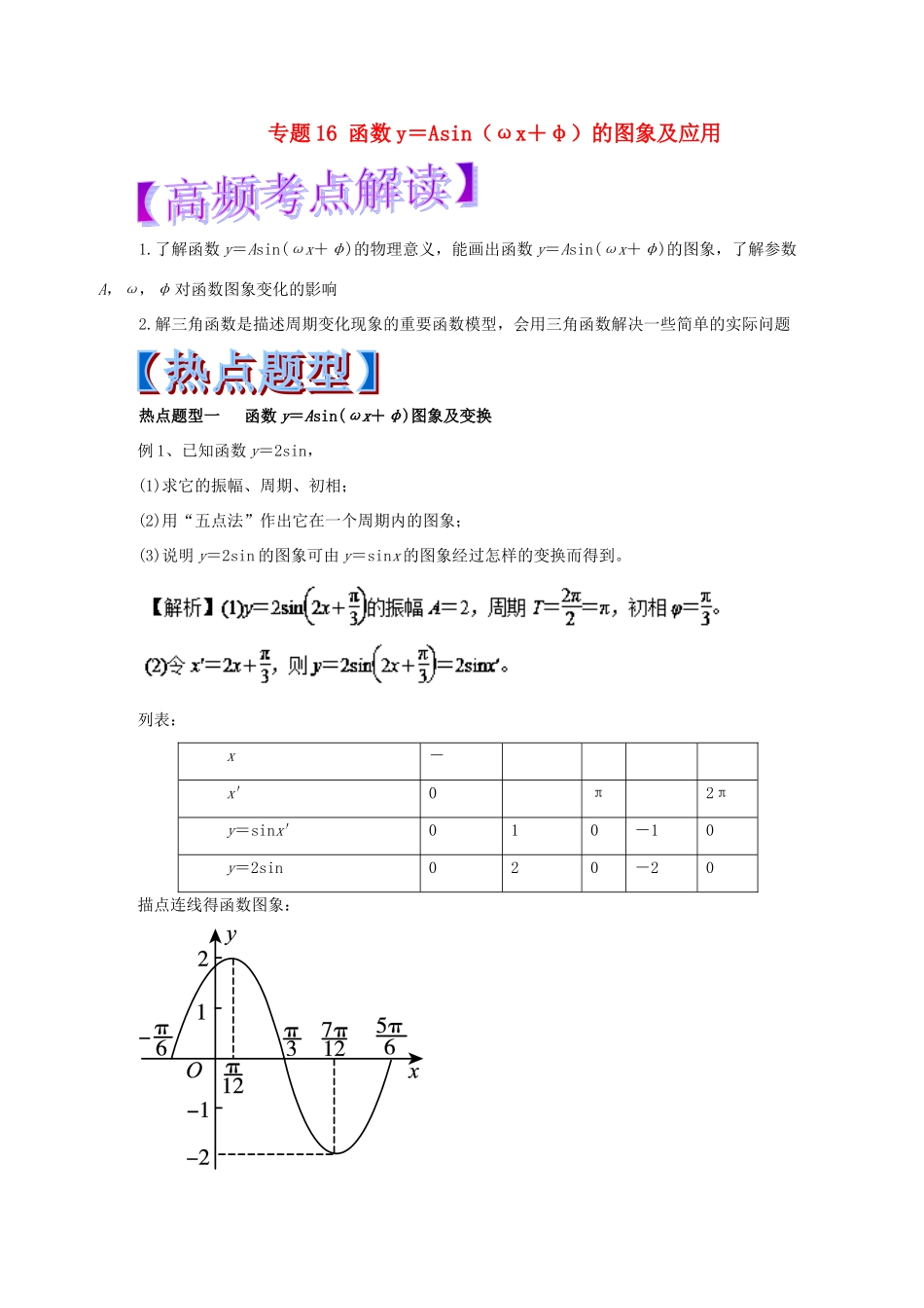 高考数学 热点题型和提分秘籍 专题16 函数y＝Asin（ωx＋φ）的图象及应用 文-人教版高三全册数学试题_第1页