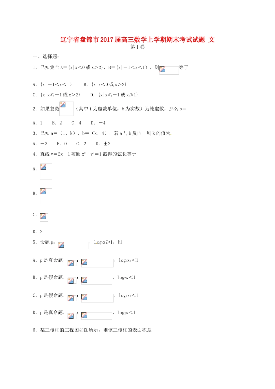 辽宁省盘锦市高三数学上学期期末考试试题 文-人教版高三全册数学试题_第1页