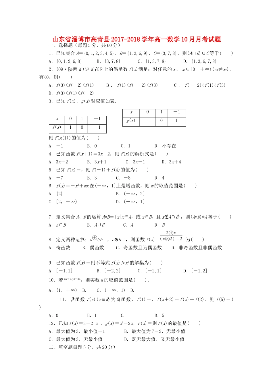 山东省淄博市高青县高一数学10月月考试题-人教版高一全册数学试题_第1页