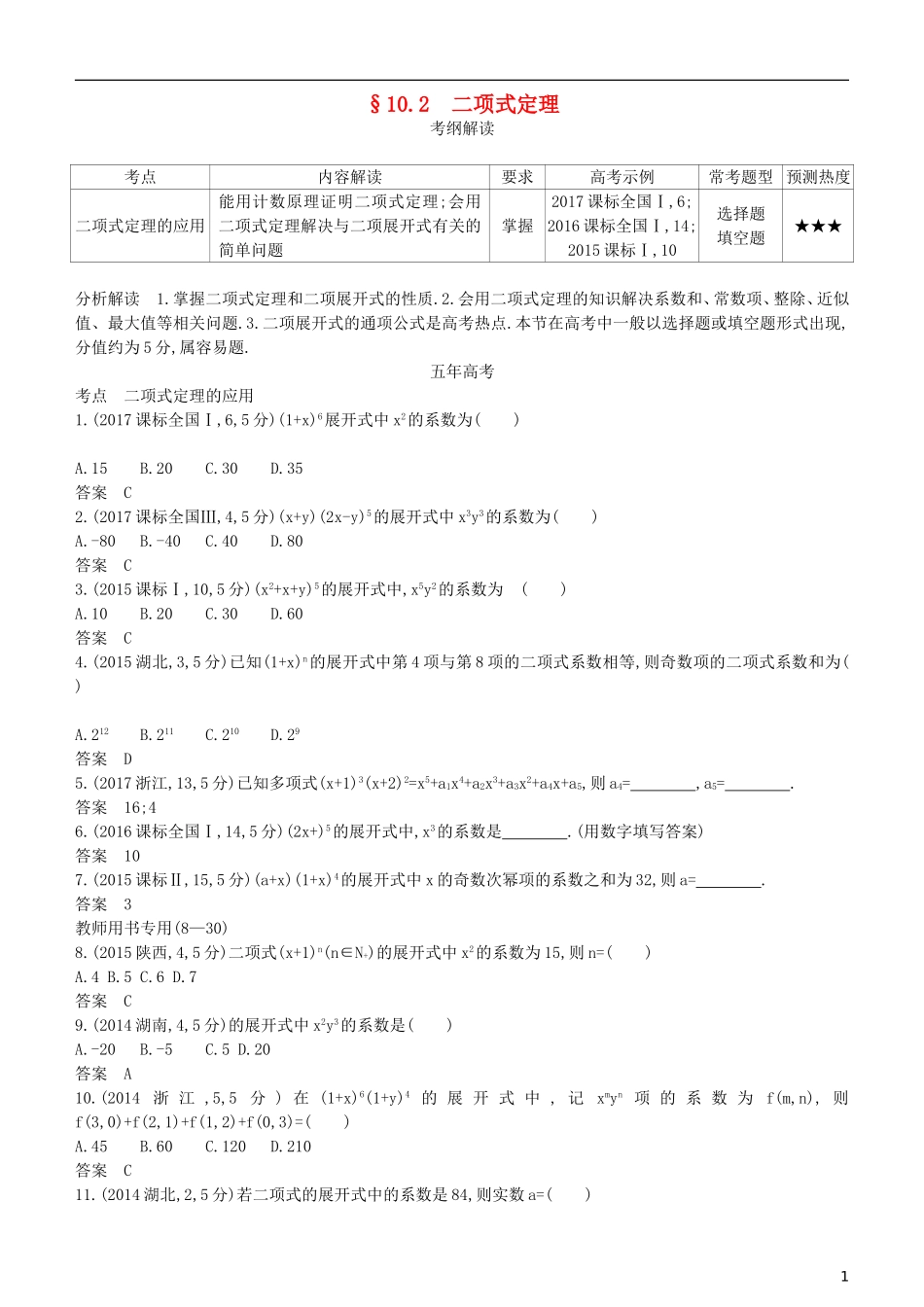 高考数学一轮复习 第十章 计数原理 10.2 二项式定理练习 理-人教版高三全册数学试题_第1页